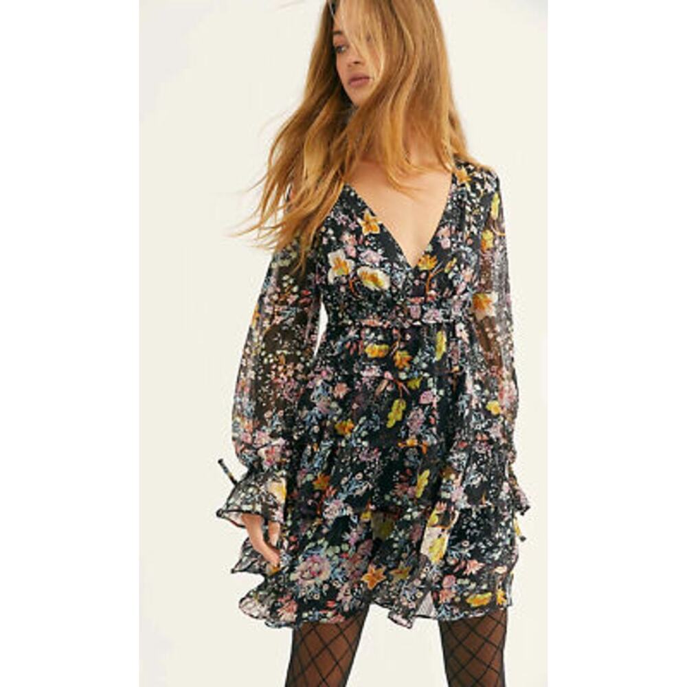 Free People Women's Closer to The Heart Mini Floral Colorful Sheer Lined Dress S